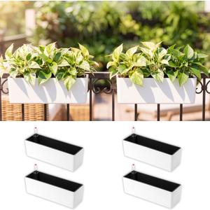 LaLaGreen Balcony Flower Boxes Over the Rail (16 Inch, 4 Pack) White Rectangular Self-Watering Railing Planters with Metal Brackets, Plastic Window Box for Outdoor Plants Herbs Deck Fence Garden