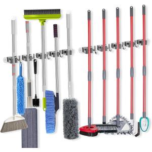 voze [2 Pack] 5 Racks and 4 Hooks Mop and Broom Holder Wall Mount, Self Adhesive Heavy Duty Broom Organizer Storage Tool Racks for Kitchen Garden Laundry Garage, Silver (5 Racks 4 Hooks 2 Packs)