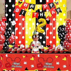 Mickey Mouse Birthday Party Decorations for boys with Number Balloons 0-9, Cartoon Mickey Mouse 2nd Birthday Party Supplies for boys Includes Banner,Backdrops,Tablecloth,Cake Cupcake Toppers,Balloons.