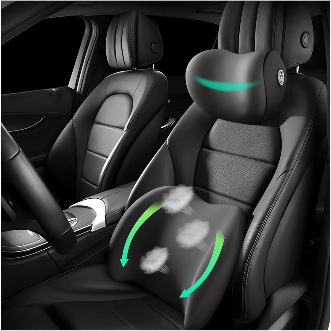 Car Headrest & Lumbar Support Cushion Ergonomic Car Seat Neck Back Rest Pillows Orthopedic Memory Foam Head Rest and Lower Lumbar Support Pillow Set Backrest Driving Seat Office Chair Support (Black), Large