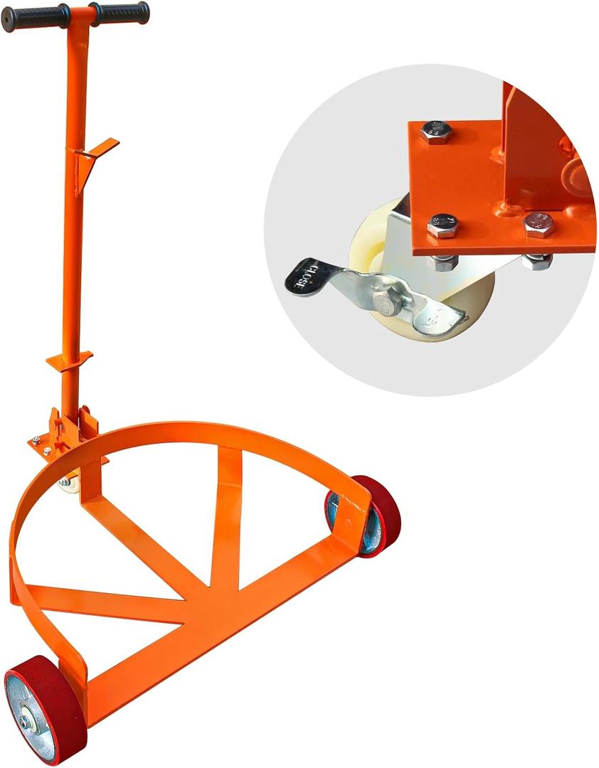 55 Gallon Drum Dolly, 1200 lbs Load Capacity, Adjustable Handle Barrel Dolly Cart with One 360 Swivel Lockable Wheel, Low Profile Steel Oil Drum Caddy for Warehouse, Workshop, Factory, Dump Station