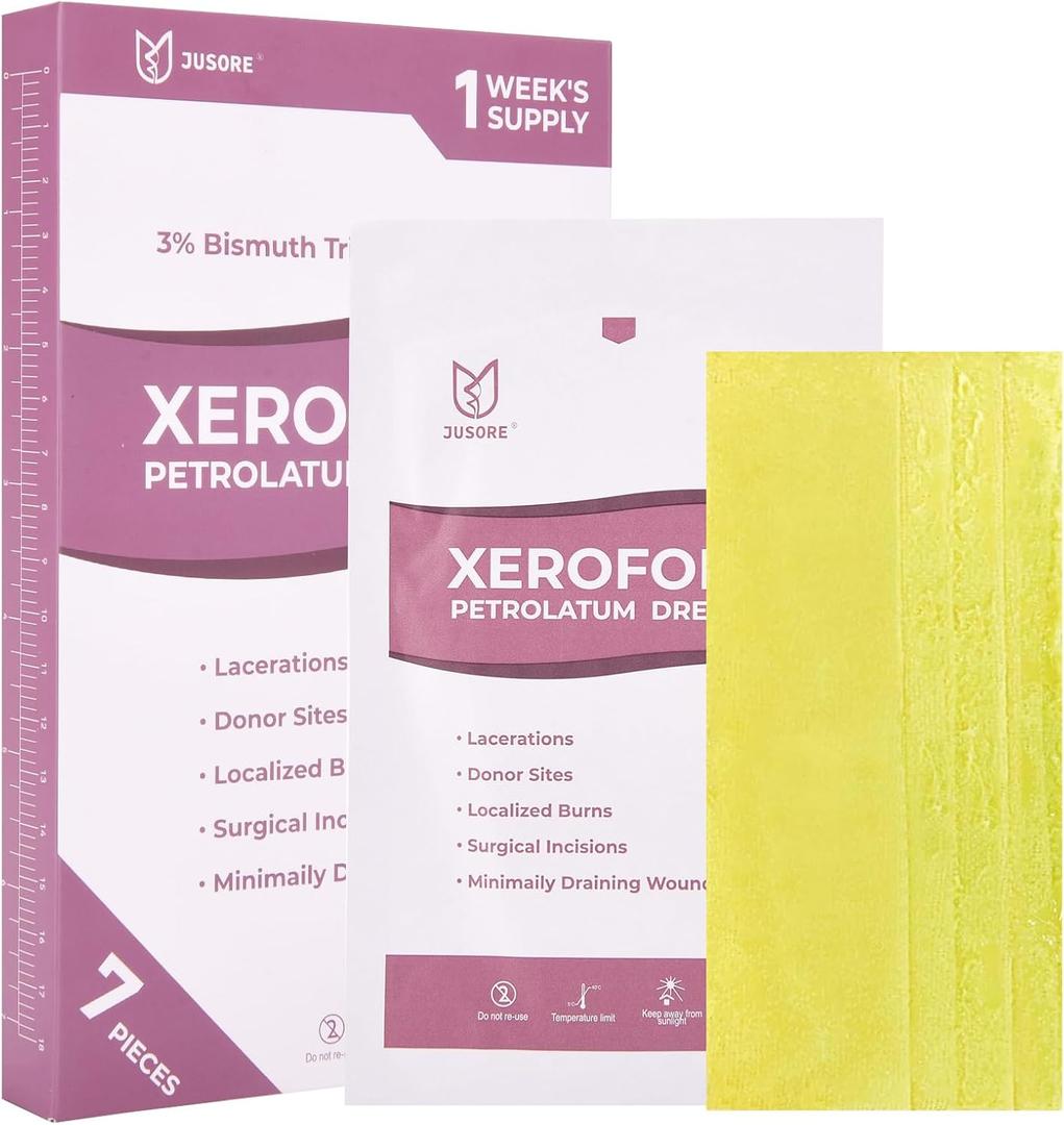 JUSORE Xeroform Petrolatum Dressing - FSA-HSA, 5"x9", Medical Non Stick Gauze Pads, Soft Mesh Gauze Patch for Wound Care, Burns, Lacerations, Skin Grafts & Surgical Incisions, 7 Individual Pack