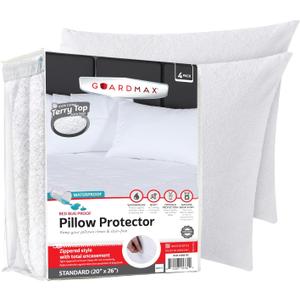 Guardmax Terry Cotton Pillow Protector with Zipper Standard Size - 4 Pack -100% Waterproof, Bed Bug Proof, Dust Mite Proof, & Hypoallergenic Pillow Covers - Premium Zippered Pillow Cases. (20 X 26)
