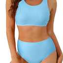 Holipick Women High Waisted Two Piece Bikini Sports Crop Top Swimsuit Scoop Neck Bathing Suit for Teen Girls with Bottom (Medium)