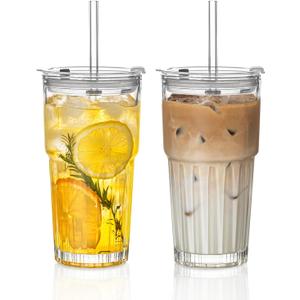 INSETLAN 20oz Clear Glass Cups & Tumbler Set with Lids & Straws  2-Pack, Reusable Drinking Cups for Iced Coffee, Smoothies, Tea, Juice, Leak-Proof, Spill-Proof, Ideal for Home and Outdoor Use