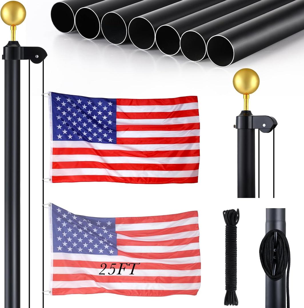 FuWeave Flag Poles for Outside House in Ground 25 ft Sectional Flag Pole Kit Extra Thick 16 Gauge Heavy Duty Aluminum Flag Pole with Gold Ball Top for Residential or Commercial(Black)