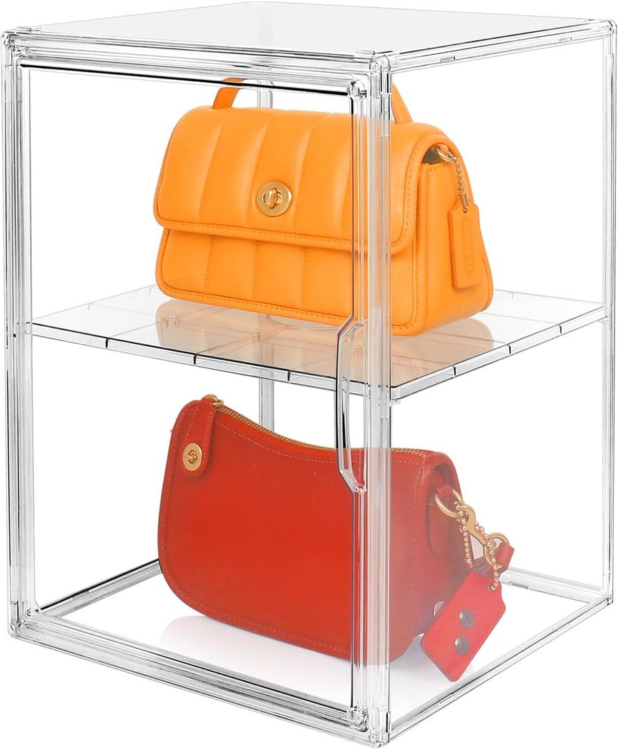 1 Pack XX-Large Clear Stackable Storage Bins with Magnetic Lid Handbag Display Case for Closet 2-Tier Acrylic Purse Organizer Dustproof Luxury Bag Container Box for Cosmetics Figures Makeup