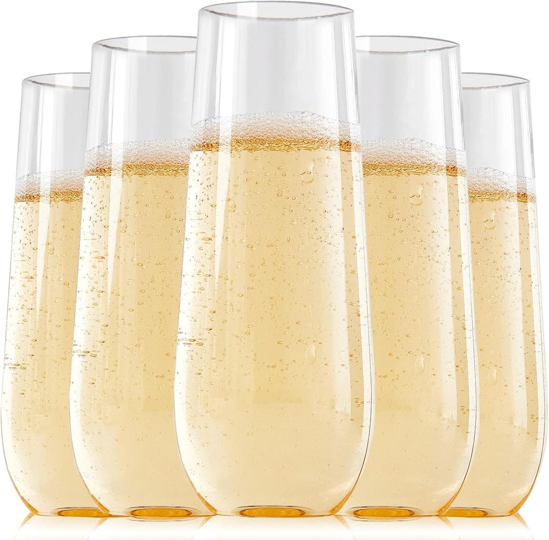 FOCUSLINE 24 Pack 9 Oz Clear Plastic Champagne Flutes, Stemless Plastic Champagne Glasses Clear, Heavy Duty Toasting Glasses, Shatterproof and Disposable Cups Perfect For Any Party
