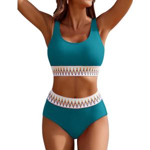 AI'MAGE Women's Bikini Sets High Waisted Two Piece Sporty Swimsuits High Cut Tummy Control Bathing Suits (Medium, Peacock Blue)