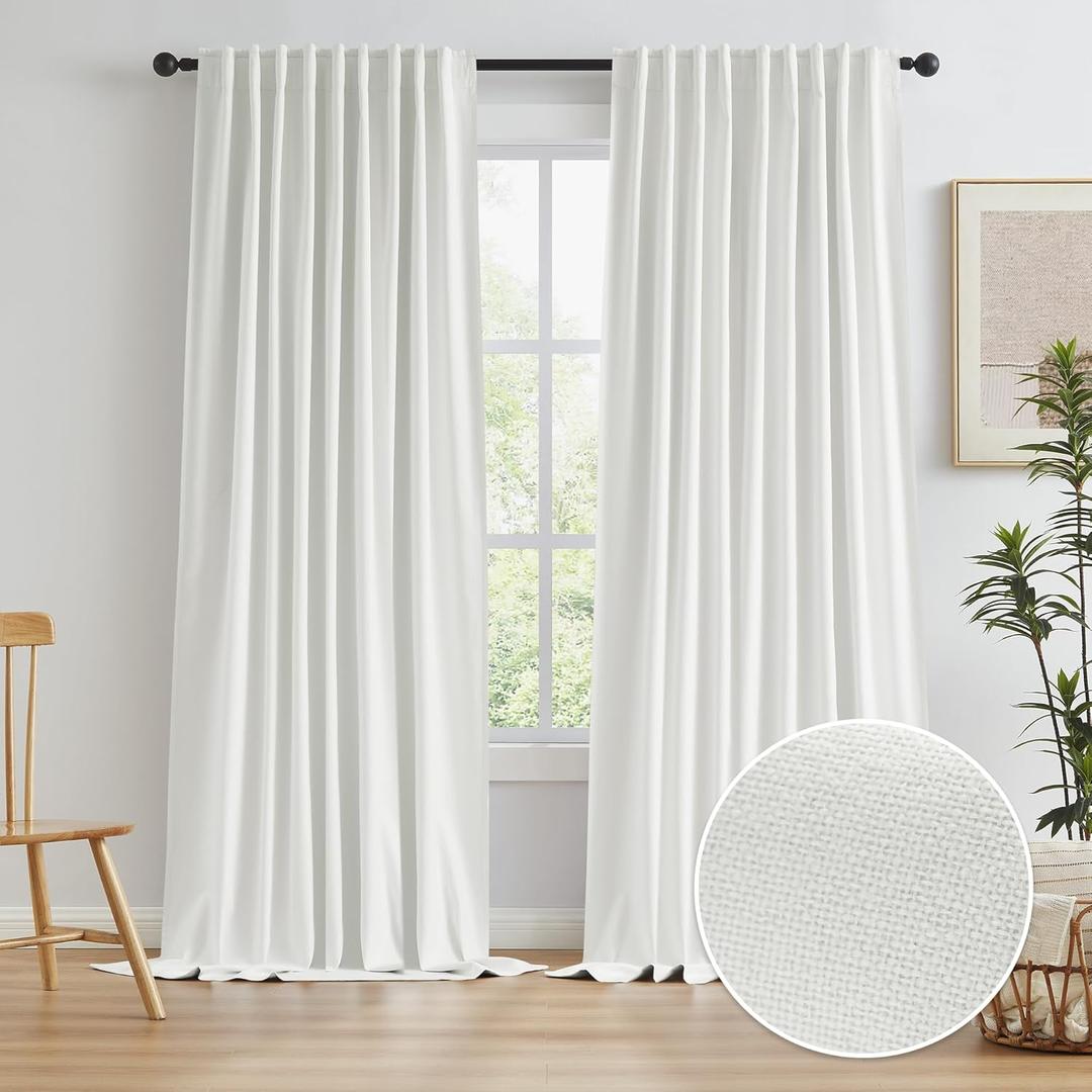 Blackout Pleated Look Curtains 120 Inches Long 10 ft Length for Patio Sliding Door Living Room, 100% Light Blocking Linen Textured Curtains 72 Wide 2 PCs Back Tab Rod Pocket Hook Belt
