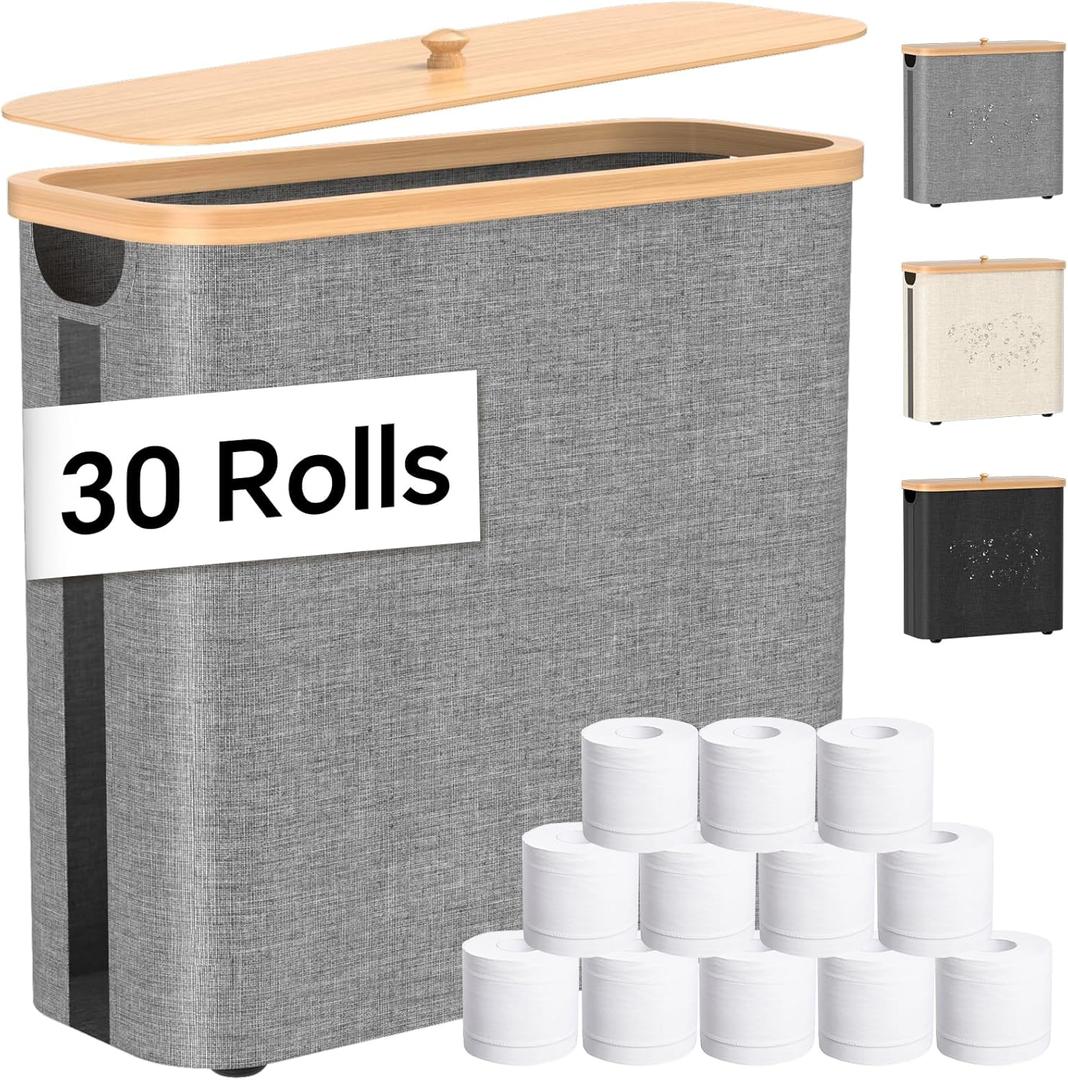 Toilet Paper Storage with Bamboo Lid, 33.8L Foldable Toilet Paper Basket Organizer Holder for up to Regular 30 Rolls Or 12 Mega Rolls, Waterproof Free Standing Toilet Paper Holder for Bathroom, Grey