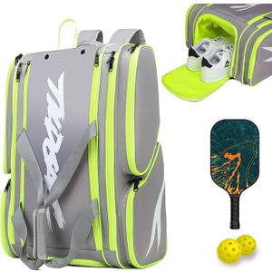 Pickleball Bag - Large Paddle Bag for 4 Paddles & Accessories - Fence Hook, Extra Pockets, Shoe Compartment (15.5"L*9.84"W*22"H, Grey)