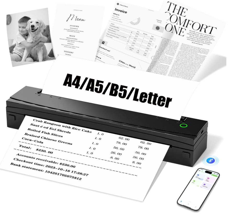 NDYIN Portable Printers Wireless for Travel, N80 Wireless Thermal Printer Bluetooth Inkless Printer Support 8.5" X 11" US Letter & A4, Compatible with iOS, Android, Laptop