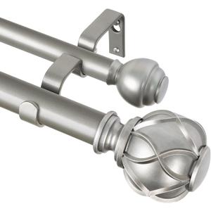 KAMANINA 1 Inch Double Curtain Rods for Windows 140 to 195 Inches (12-16 Feet), Silver Heavy Duty Double Curtain Rod, Telescoping Drapery Rod with Netted Texture Finials
