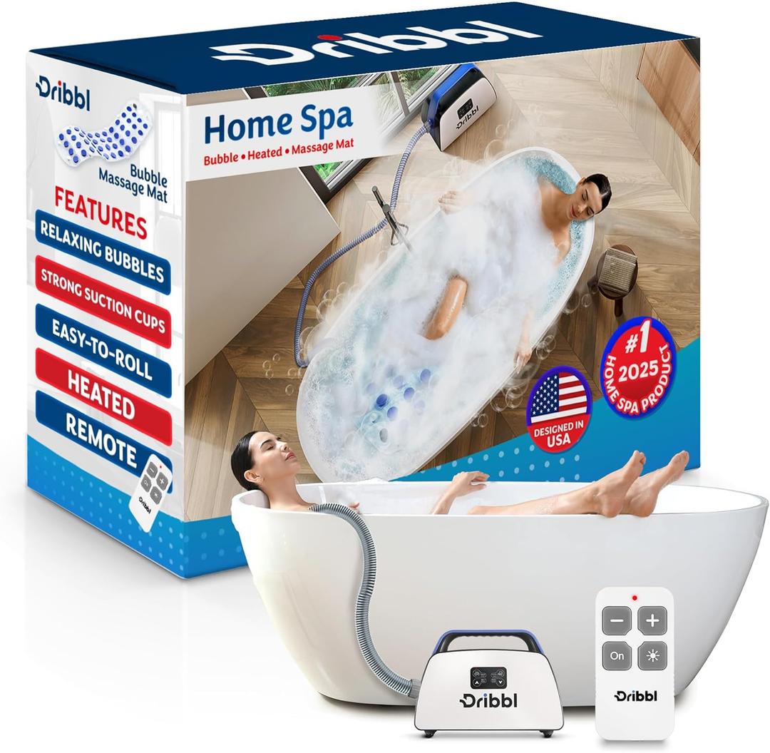 Dribbl Electric Bubble Massage Bathtub Mat Non-Slip Full-Body Waterproof Hot Tub Spa Mat for Bath with Heater, Motorized Air Pump, and Remote Control, 6-Speed Adjustable Massage, Blue