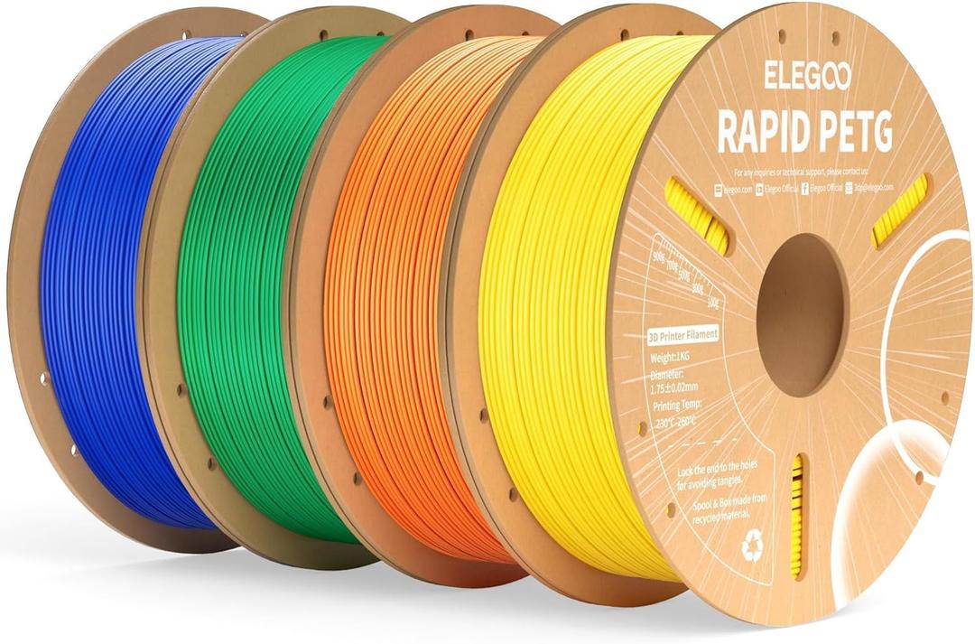 ELEGOO Rapid PETG Filament 1.75mm Bundle 4KG, High Speed 30-600mm/s 3D Printer Filament Accuracy +/- 0.02 mm, 1kg Cardboard Spool(2.2lbs) Fits for Most FDM 3D Printers(Blue,Green,Orange,Yellow)