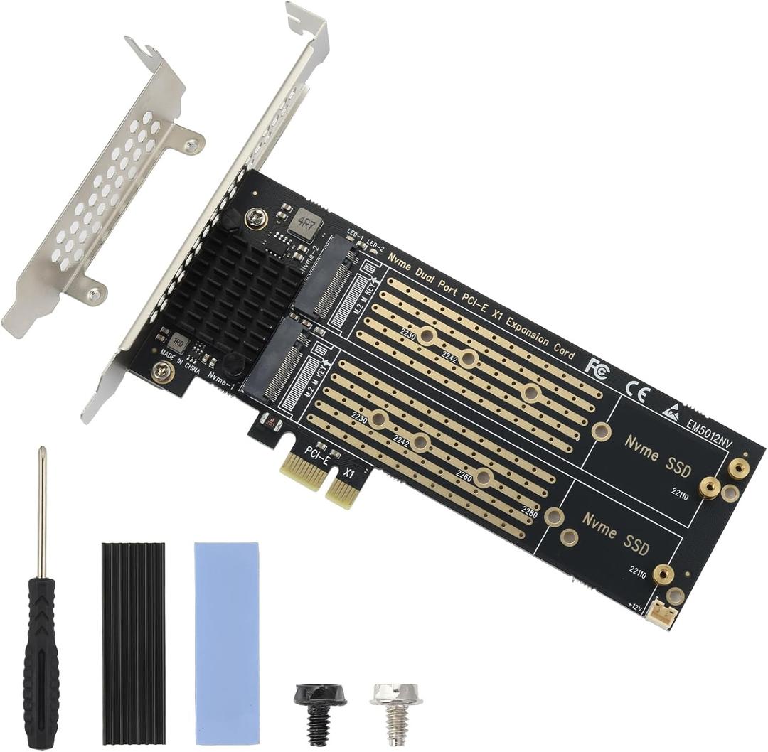 ELUTENG Dual M.2 NVMe to PCIe Adapter with Heat Sink - M-Key B&M Key 2230/2242/2260/2280 SSD NVMe PCIe Card - Low Profile Bracket - Supports PCI-Express X1/X4/X8/X16 Slots