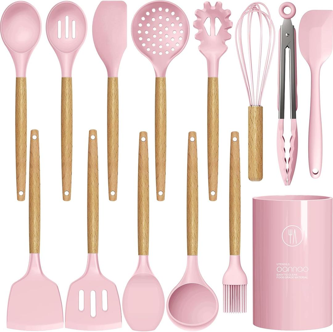Silicone Kitchen Utensils Set - 446F Heat Resistant Cooking Utensil Sets, Spatula,Turner,Tongs,Spoon,Brush,Whisk, Wooden Handle Silicone Kitchen Gadgets Tools for Non-Stick Cookware BPA Free (Pink), Large