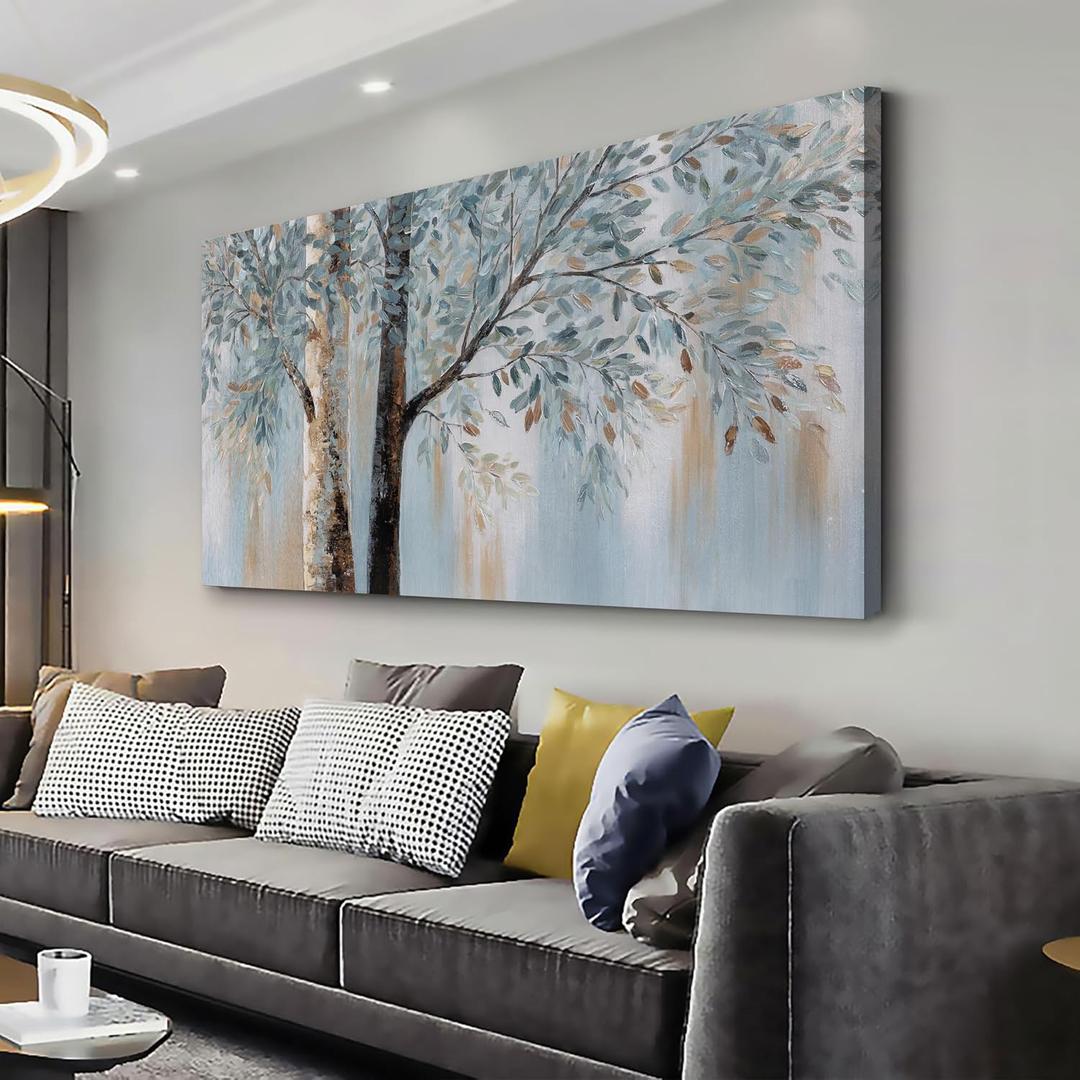 AERART Blue Grey Abstract Tree Wall Art 24"x48" Framed Wall Decor Artwork Canvas Painting for Living Room/Bedroom/Dining Room/Office Modern Home Decor