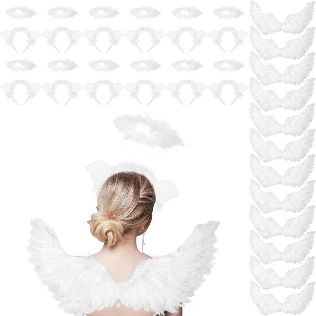 Panitay 24 Pcs Angel Costume Set Feather White Wings and Headband Bulk for Adults Cosplay Mardi Gras Party
