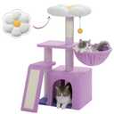 PETEPELA Flower Cat Tree for Indoor Cats, 32'' Small Cat Tower Cat Condo with Sisal Scratching Ramp, Cozy Hammock and Removable Flower Bed Perch for Kittens, Purple