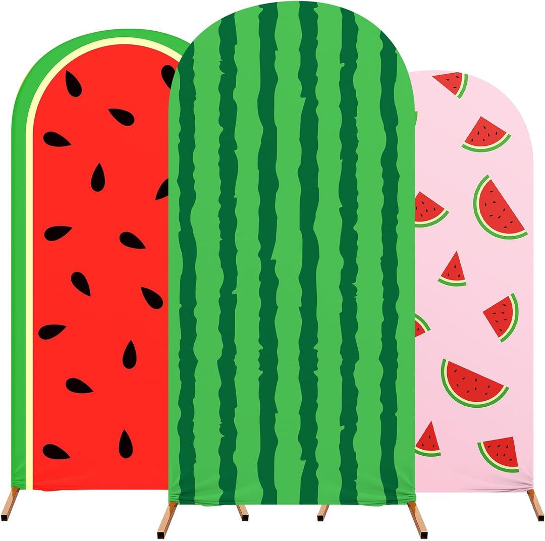 Set of 3 Watermelon Arch Backdrop Cover, 4ft, 5ft, 6ft Summer Watermelon Theme Birthday Party Decoration, Spandex Fitted Arch Stand Covers for Wedding Banquets Party
