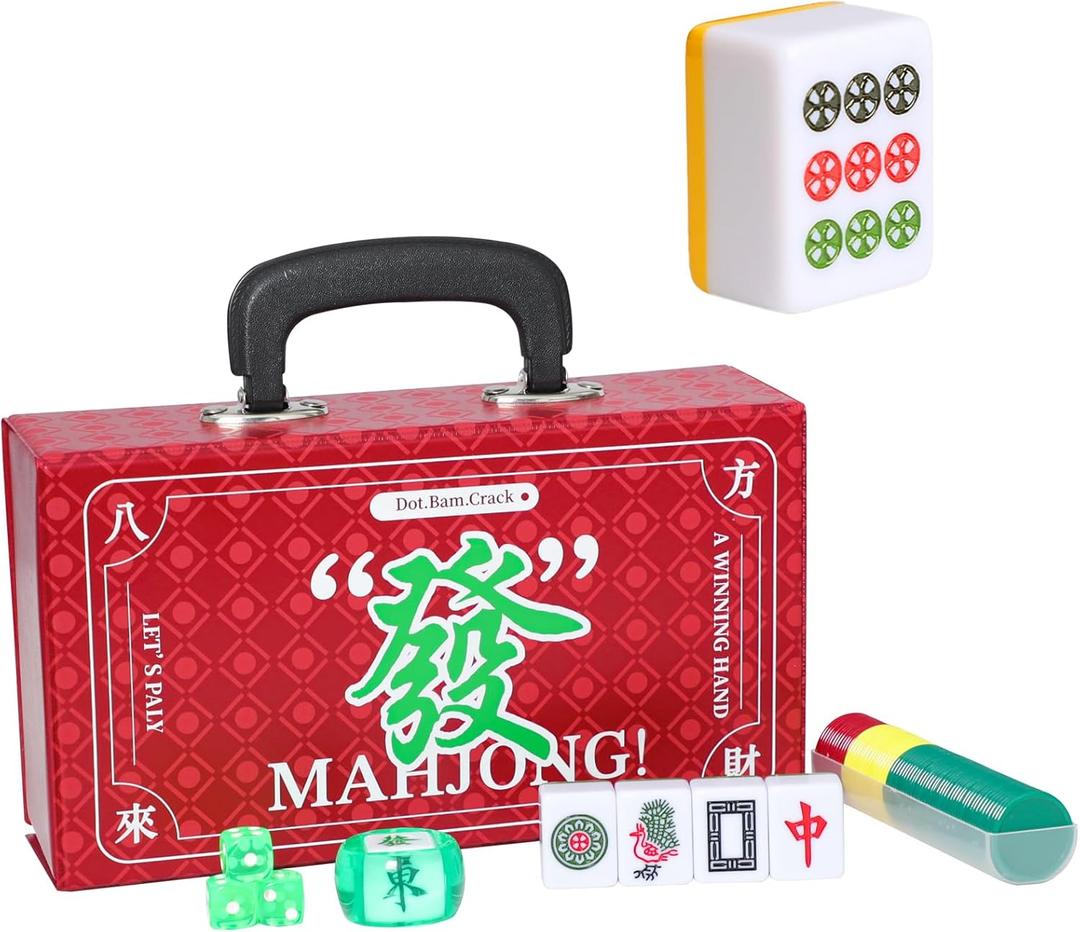 Chinese Mahjong Set, Large Mahjong Tiles Set with Yellow Back Color Tiles, Red Case, Chinese Mahjong Game Set (Majiang, )