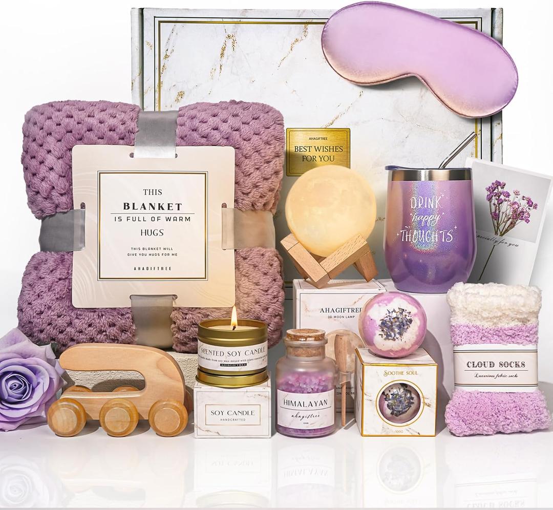 AHAGIFTREE Gift Baskets for Women,11PC Birthday Gifts,Think of You,Thankyou,self Care,Care Package,Relaxation,new Beginnings Gifts for Women,Friend,mom,Sister
