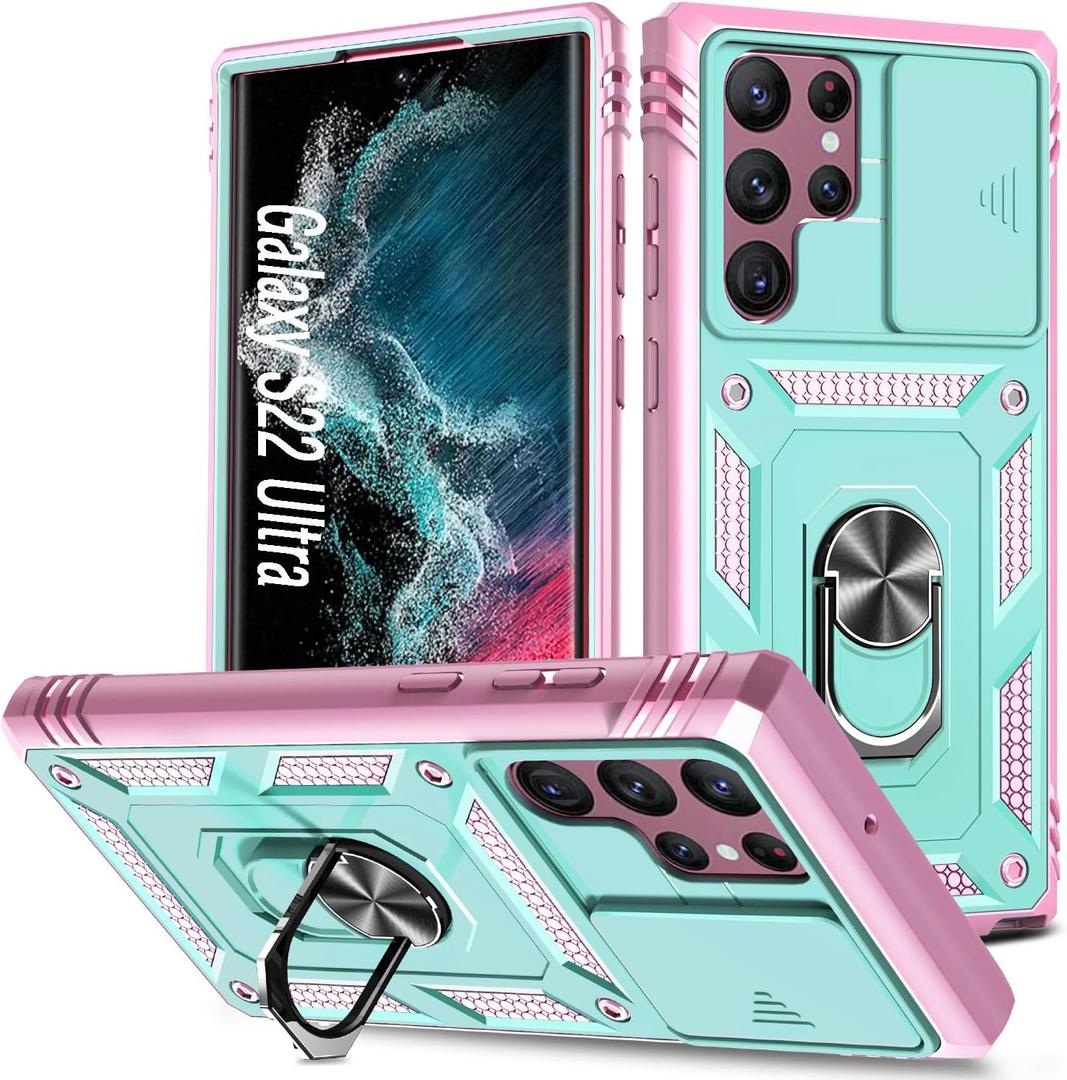 Case for Galaxy S22 Ultra, Shockproof Impact Resistant with Slide Lens Protective Cover Case for Samsung Galaxy S22 Ultra 6.8" (Pink Green)