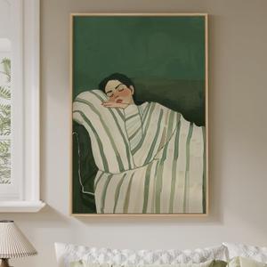 Framed Woman Bedroom Wall Art, Large Cozy Woman Canvas Painting for Room Decor, Relaxing Minimalist Artwork for Walls, Green Picture Print for Nursery Guest Room Hallway Wall Art Decor, 24x36 Inch