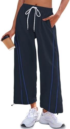 Fisoew Womens Baggy Wide Leg Pants Casual Elastic Waist Drawstring Hiking Workout Cropped Pants with Pockets Large