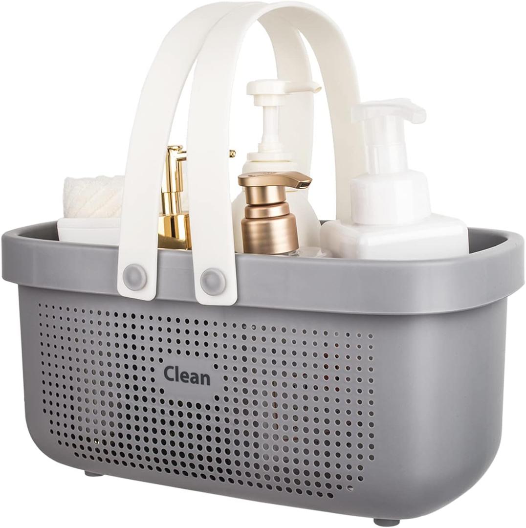 JiatuA Plastic Storage Basket with Handle Portable Shower Caddy Tote Organizer Basket Bin for Bathroom Kitchen Dorm Room Bedroom, Gray (Large, Grey)