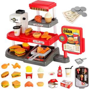 Pretend Play Food Toy for Kids Kitchen with Cash Register, Coffee Maker, 71 Pcs Fast Food Set with Burger, Fries, Ice Cream, Play Money, Educational Birthday Gift for Boys Girls Ages 3-8 (Red)