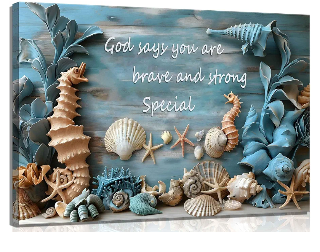 Christian Coast Canvas Wall Art Beach Nautical Seashell Starfish Wall Decor Pictures Teal Aqua God Says You Are Posters Prints for Modern Coastal Themed Home Decoration Bathroom Room Decoration