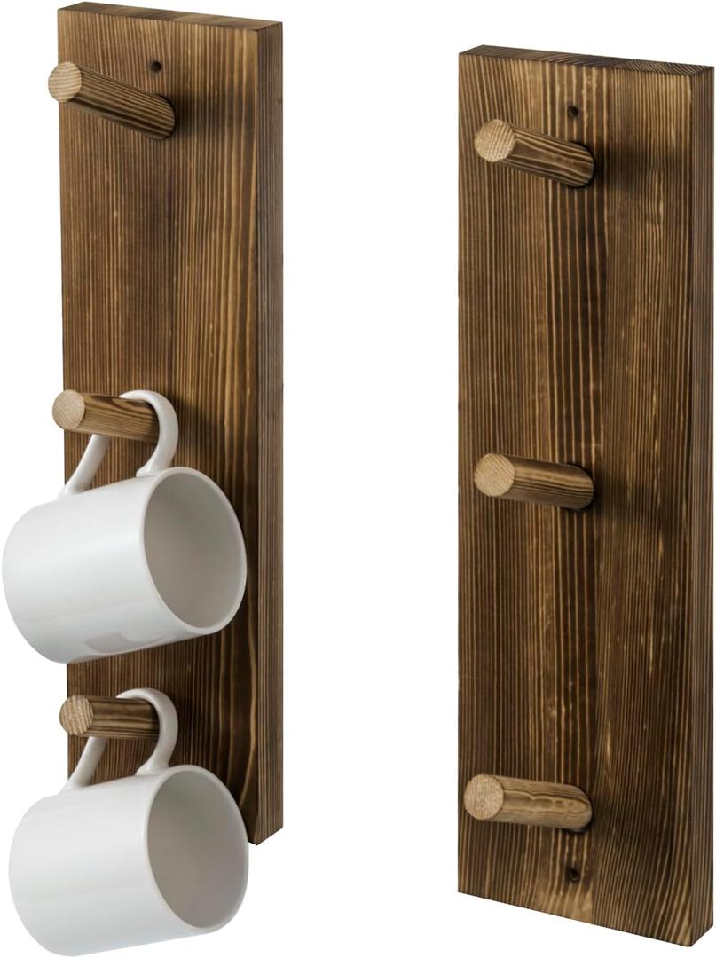 MyGift Wall Mounted Wooden Mug Rack - 3 Hook Rustic Burnt Wood Teacup Mug Storage Organizer, Set of 2
