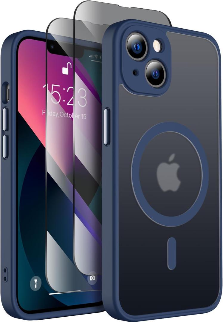 SEXYMOM Magnetic for iPhone 13 Case with Privacy Screen Protectors X2 - Upgraded Camera Protection - Compatible with Magsafe,21ft Drop Tested,Slim Fit Translucent Matte Phone Case - Blue