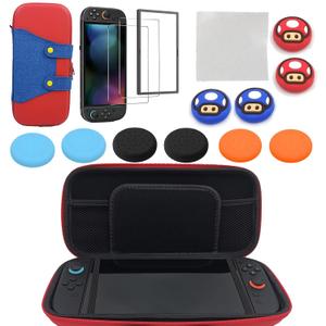 USHTJSKLIN Carrying Case for Nintendo Switch 2 Case 14in1 Set,Screen Protectors 2-Pack with Alignment Frame,Thumb Grips 10-Pack,Glasses Cleaning Cloths,Red&Blue