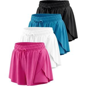 Real Essentials 4 Pack: Girls' 2-in-1 Dry Fit Athletic Flowy Shorts - Butterfly Dance Skirts for Youth & Teens (Ages 4-18) (S)