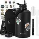 One Gallon Water Bottle Insulated, Triple Wall Vacuum Cold for 48 Hrs & Leak-proof & Non-BPA, 128oz Large Sports Stainless Steel Water Jug with Paracord Handle Straw Spout Lids & DIY Stickers (Black)