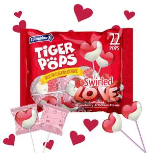 Colombina Swirled Love Tiger Pops, Strawberry and Cream Flavored, Individually Wrapped Lollipops, Perfect for Valentine's Day Gifts, 22 Count (Pack of 1)