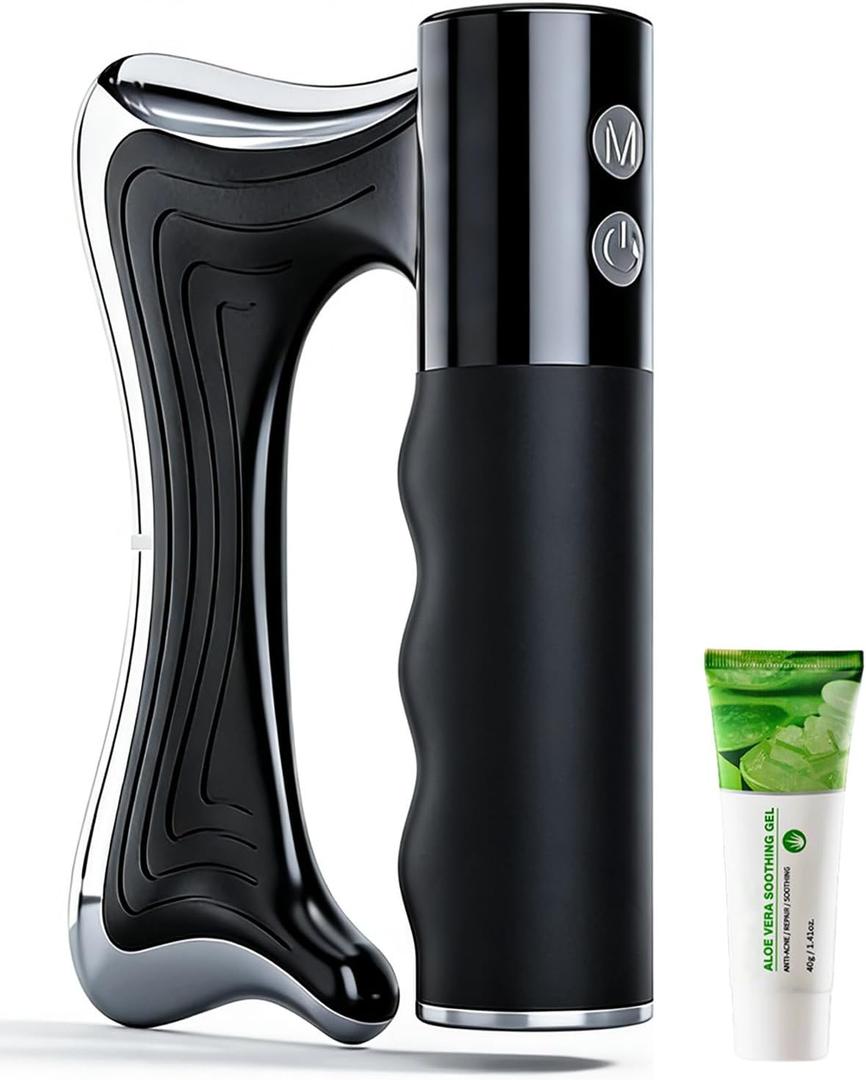 Electric Muscle Scraper Tool with Vibration,Massage& Heat, Portable Gua Sha Massager for Full Body Muscle Recovery, Relaxation, and Pain Relief (Black-Gel)