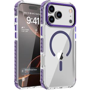 DEERLAMN Strong Magnetic Case for iPhone 17 Pro Max 6.9-Inch,[Compatible with Magsafe][Military Grade Drop Protection] Clear Slim Shockproof Protective Phone Cover-Transparent+Purple