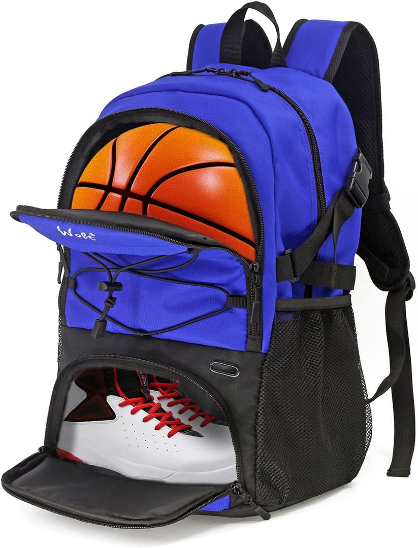 WOLT Basketball Backpack Large Sports Bag with Separate Ball Holder & Shoes Compartment, Best for Basketball, Soccer,Gym (Blue)