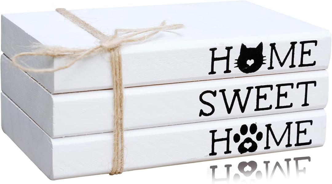 LIVDUCOT Cat Decor For Home, Cat Decorations Gift for Cat Lovers, Farmhouse Cute Cat Tiered Tray Decor, Home Sweet Home Wooden Book Stack Sign, Cat Themed Room Decor