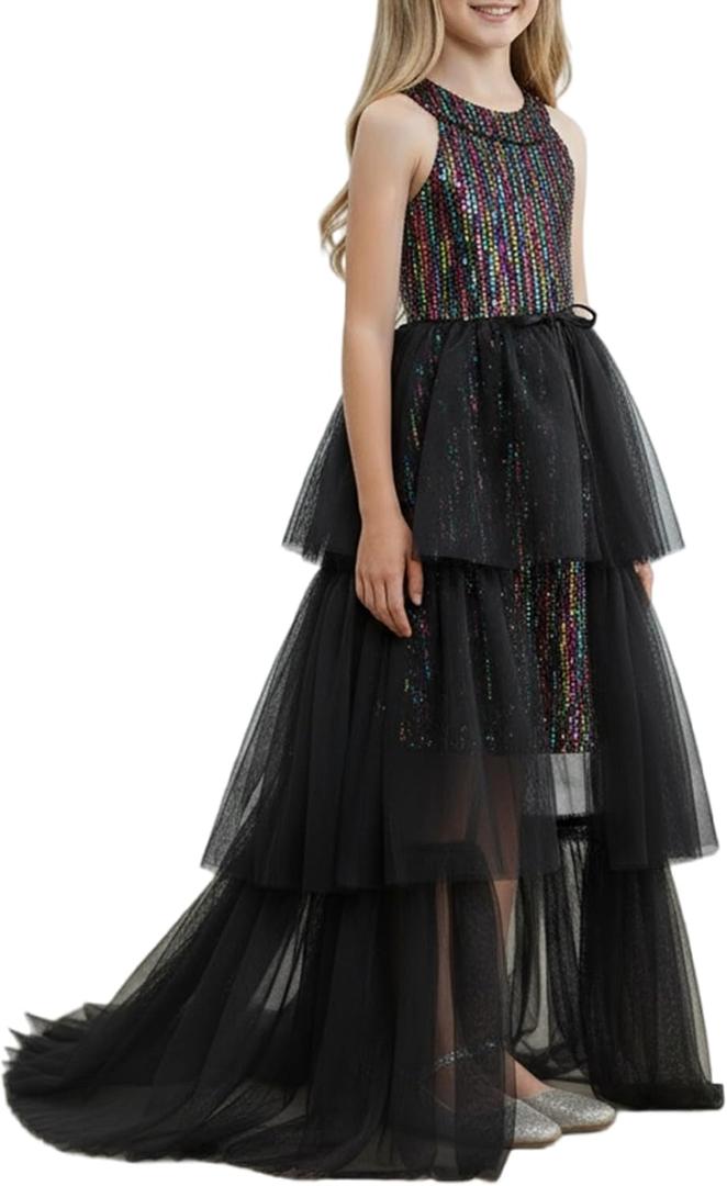 Girls Sequin Dress Halter Formal Pageant Prom Party Graduation Dress with Three Layer Mesh (9-10 Years, Black Multicolor)