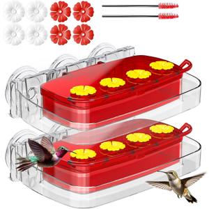 2 Pack Window Hummingbird Feeder with Strong Suction Cup, Plastic Hummingbird Feeders for Outdoors, Built-in Moat,Easy to Clean and Refil (10oz) (2, Red)