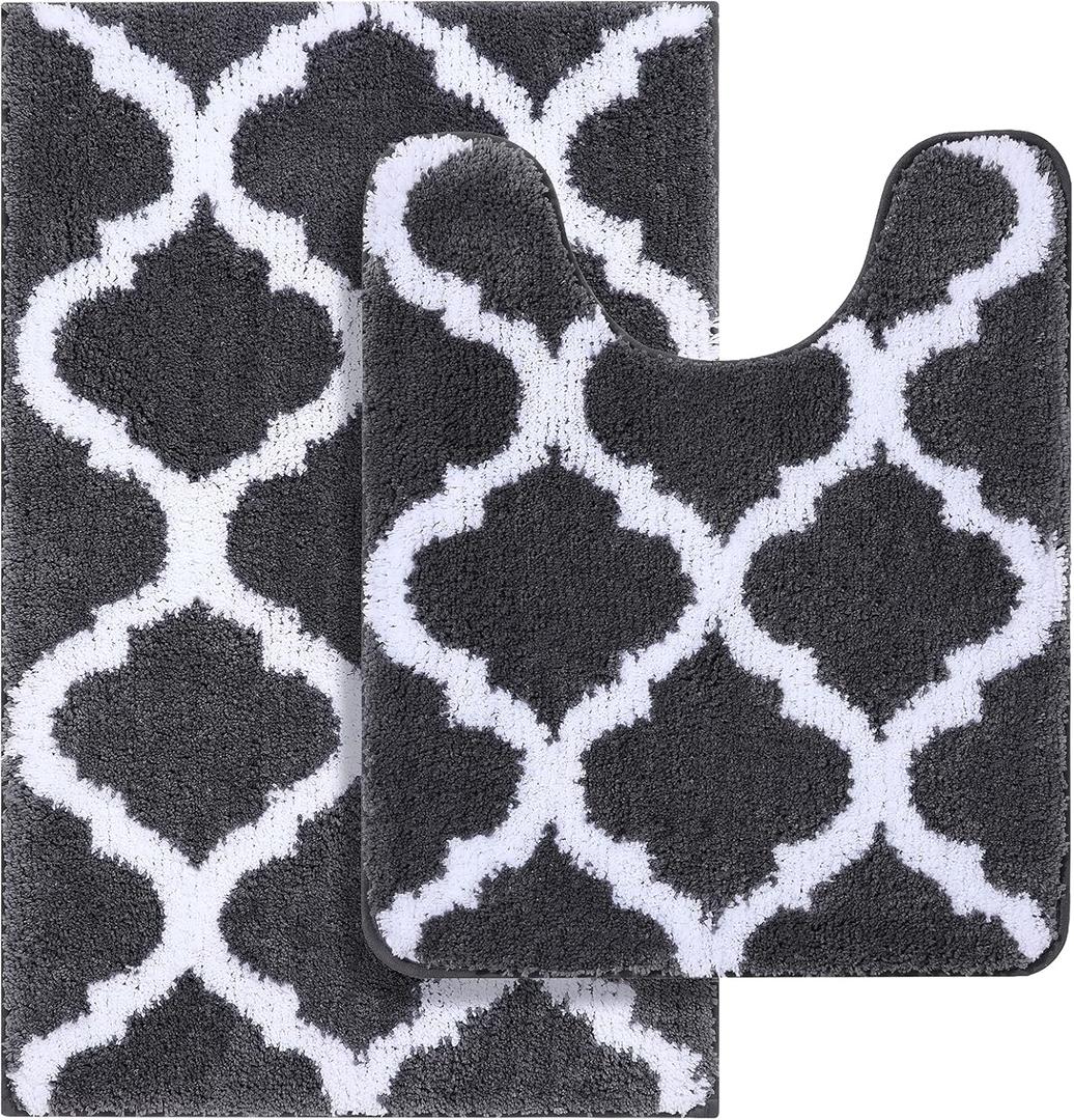 OLANLY Bathroom Rugs Set 2 Piece, Microfiber Bath Shower Mat and U-Shaped Toilet Rug, Machine Wash Dry, Non-Slip Absorbent Shaggy Bath Mats for Tub, Shower and Bathroom (24"x16"+24"x20", Dark Grey)