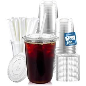 Homestockplus 15 oz Clear PET Plastic Cups with Lids and Straws - 100 Pack Leak-Proof Disposable Plastic Coffee Cups Iced Coffee Cups for Smoothies, Bubble Tea & To-Go Cold Drinks