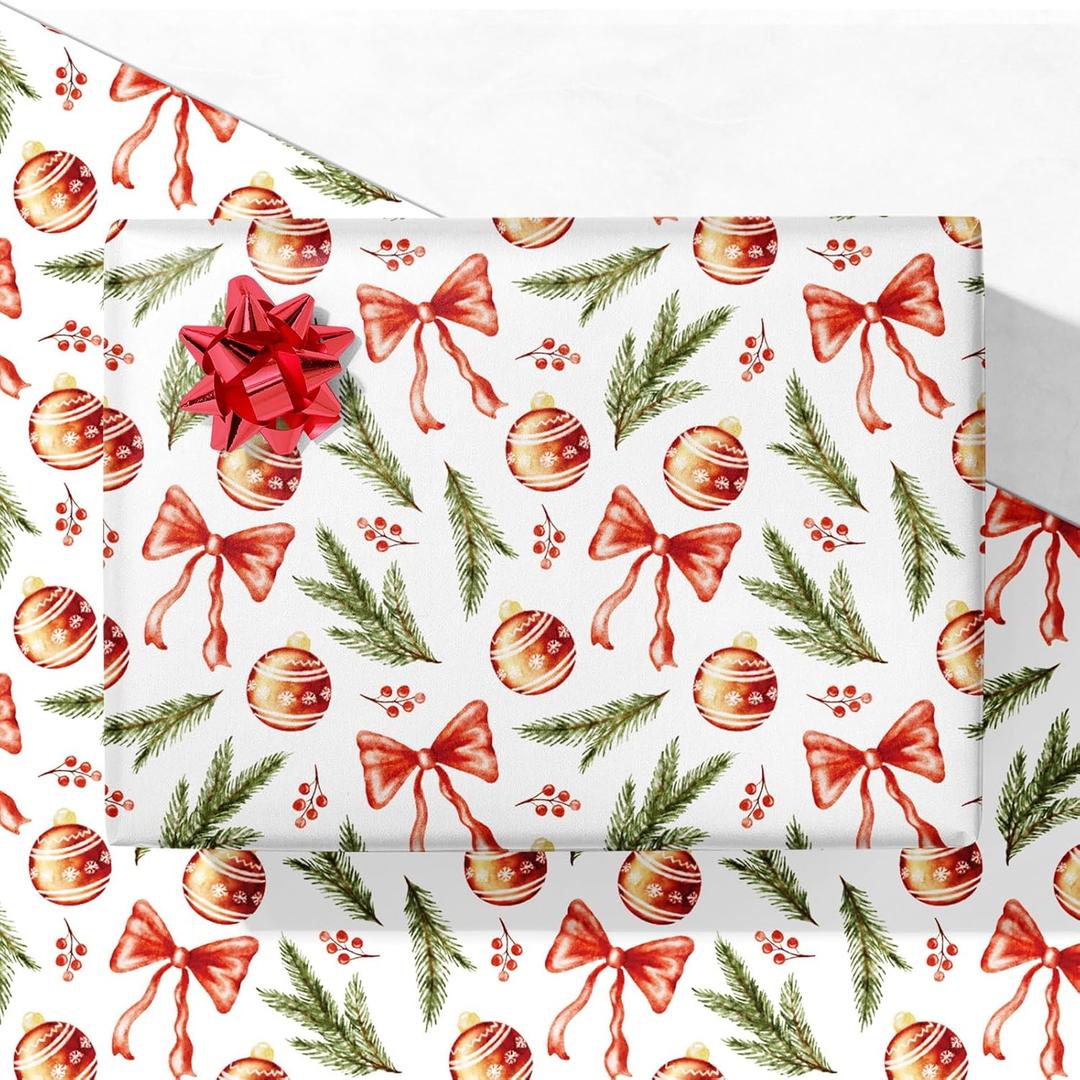 3 x GIOLNIAY Red Bows Christmas Wrapping Paper for Men Women Kids - Holiday Gift Wrap with Pine Branches & Berries on White - 4 Jumbo Sheets, 28" x 40" Each (31 sq. ft ttl), Easy to Store