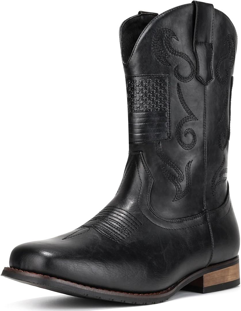 IUV Cowboy Boots For Men Western Boot Classic American Flag Embroidered Square Toe Mid-Calf Boots (11, Black)